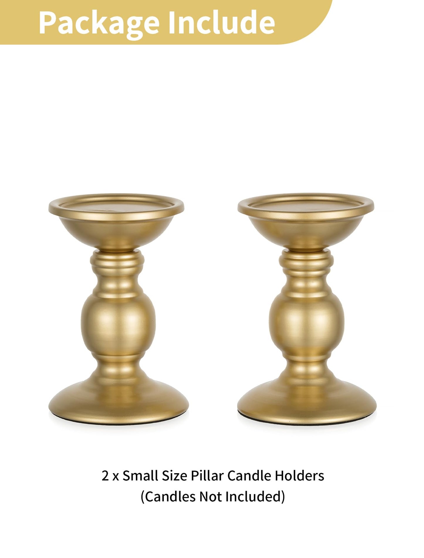 Set of 2 Gold Metal Pillar Candle Holders for 3 inches Dia Candle, Wedding Centerpieces Candlestick Holders Stand Centerpiece Decoration Ideal for Weddings, Special Events, Parties