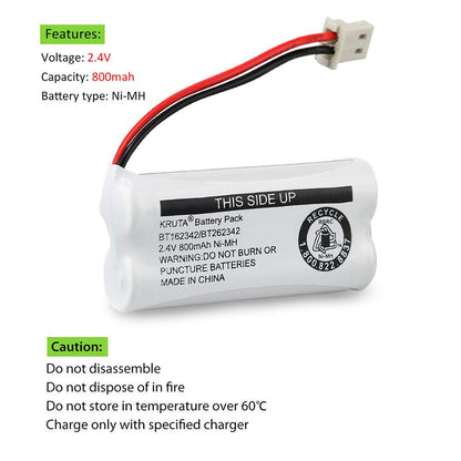 Kruta BT162342 BT262342 Cordless Phone Batteries Compatible with BT183342 BT283342 BT166342 BT266342 VTech CS6114 CS6419 CS6719 at&T EL52300 CL80111 Handset Telephone (Pack of 2)