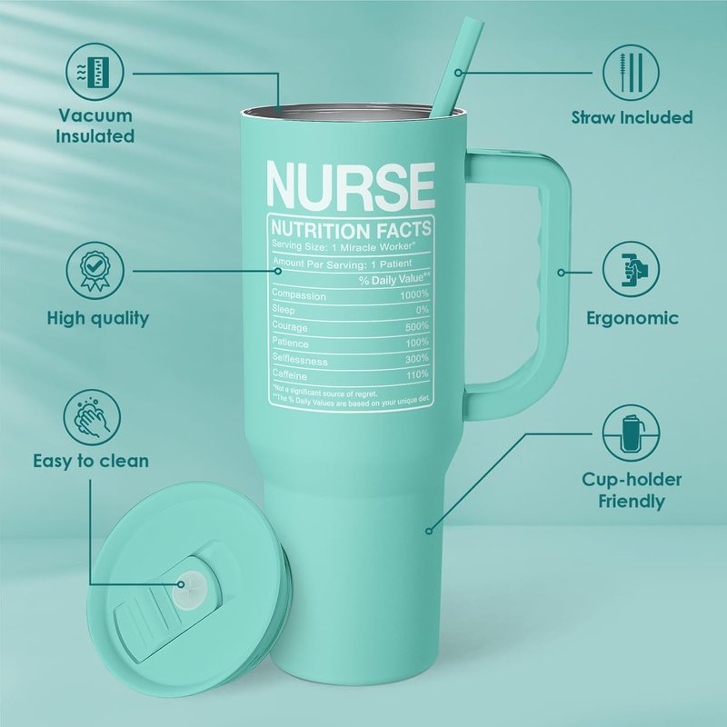 Nurse Gift Tumbler 40oz with Handle and Straw – Nutrition Facts Insulated Stainless Steel Travel Coffee Mug for Nursing Friends - Gifts for Nurse Week, Appreciation, Birthday, Christmas