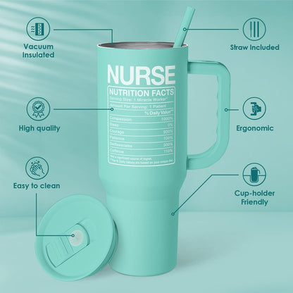 Nurse Gift Tumbler 40oz with Handle and Straw – Nutrition Facts Insulated Stainless Steel Travel Coffee Mug for Nursing Friends - Gifts for Nurse Week, Appreciation, Birthday, Christmas