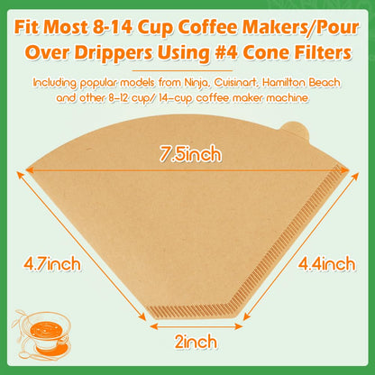 BYKITCHEN 400PCS #4 Cone Coffee Filters Fits 8-12 Cup & 14 Cup Coffee Makers, Size 4 Unbleached Disposable Coffee Filter Paper, Compatible with Ninja, Cuisinart 12-Cup/ 14-Cup & Drip Coffee Machine