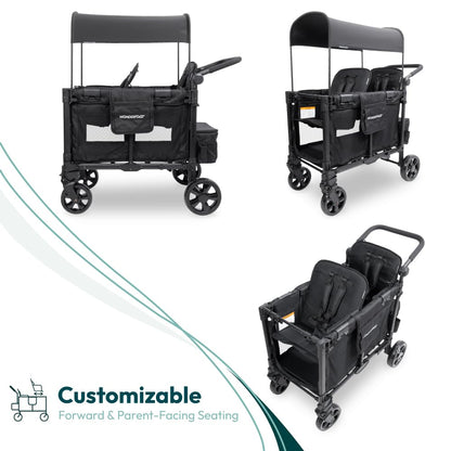 WonderFold W2 Elite Pro Stroller Wagon - Foldable Wagon with Aluminum Frame - Adjustable Canopy & Push Handle - All-Terrain Wheels - for Babies, Toddlers & Kids - 4 Seater - Jet Black