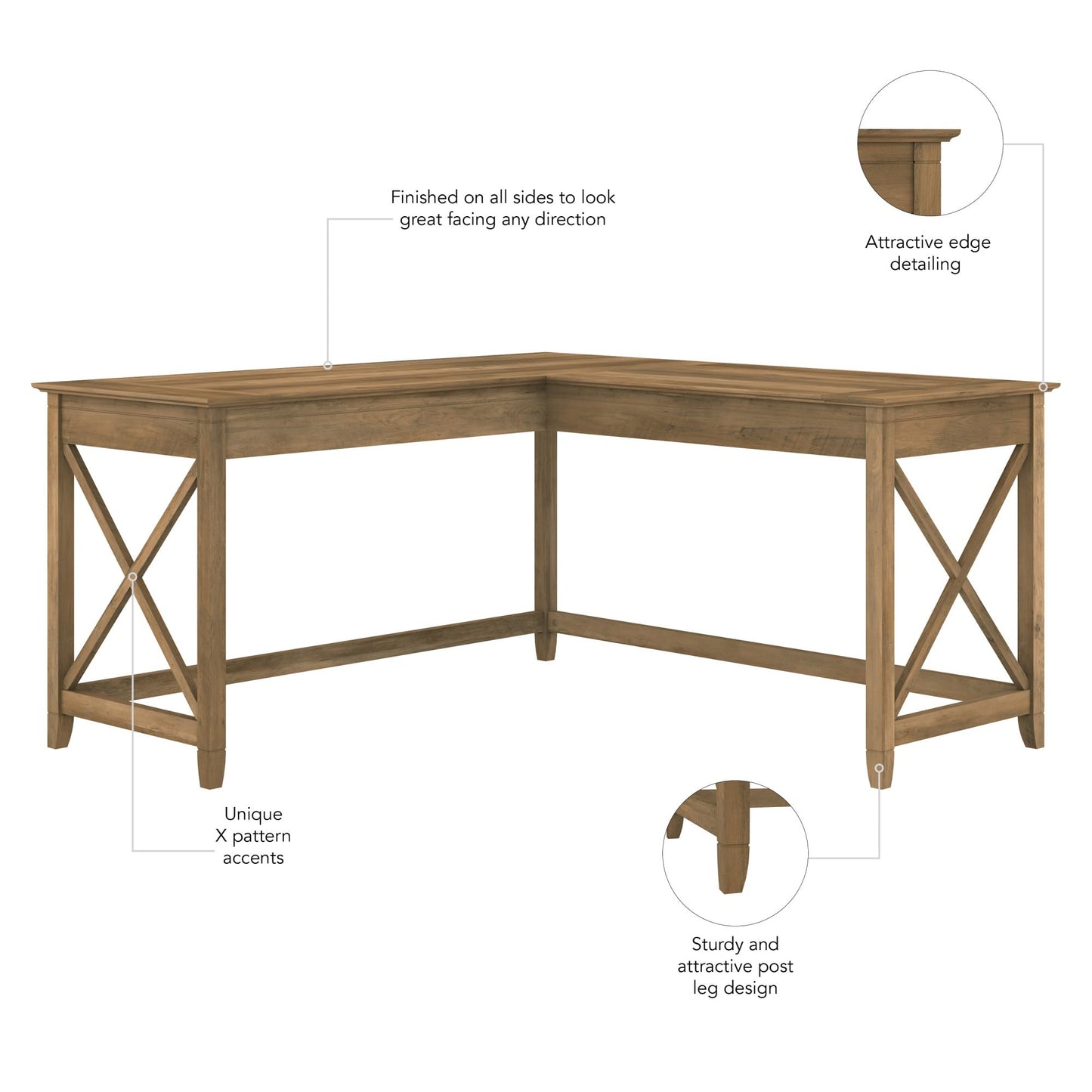 Bush Home Key West 60W Modern Farmhouse L Shaped Desk in Reclaimed Pine, 60-Inch Corner Computer Table for Home Office Workspace