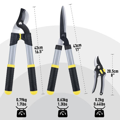 Colwelt Loppers Hedge Clippers Garden Shears 3Pcs, Compact Garden Loppers Shear Set with 17’’ Bypass Branch Cutters & Hedge Shears & Pruners, Tree Shrub Care Kit for Lopping with Soft Grip Handle