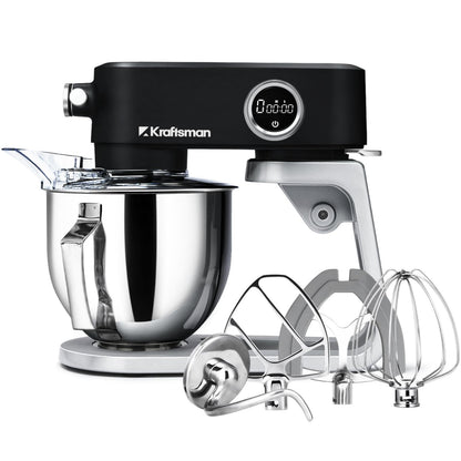 Kraftsman All Metal Stand Mixer 5.3 Quart with 4 Stainless Steel Attachments, Heavy Duty Dough Mixer with DC Motor, Lower Noise, Verstile Mixer with Power Hub, 8-Speed & Timer (Black)