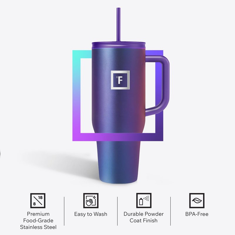 IRON °FLASK Co-Pilot Insulated Mug w/Straw & Flip Cap Lids - Cup Holder Bottle for Hot, Cold Drink - Leak-Proof - Water, Coffee Portable Travel Mug - Cobalt Blue, 40 Oz