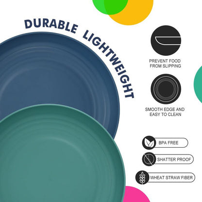 Homienly Deep Dinner Plates Set of 8 Alternative for Plastic Plates Microwave and Dishwasher Safe Wheat Straw Plates for Kitchen Unbreakable Kids Plate Set with 4 Colors (Classic Bright, 9 inch)