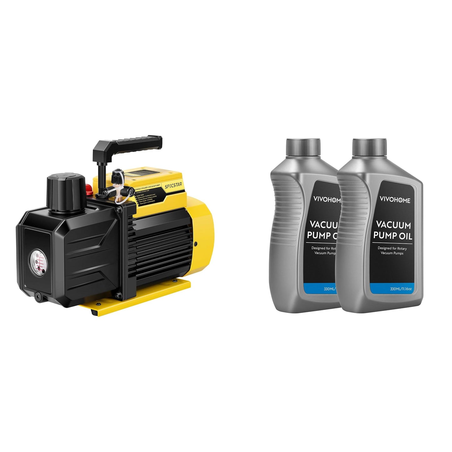 SPECSTAR 3/4 HP 7.2 CFM 110V Dual Stage Rotary Vane HVAC Air Vacuum Pump with VIVOHOME 2 Pack Premium High Vacuum Pump Oil 330ml/11.16oz