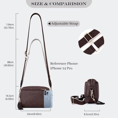 Roulens Triple Zip Small Crossbody Bag for women,Wide Strap Cell Phone Purse Shoulder Handbag Wallet with Credit Card Slots