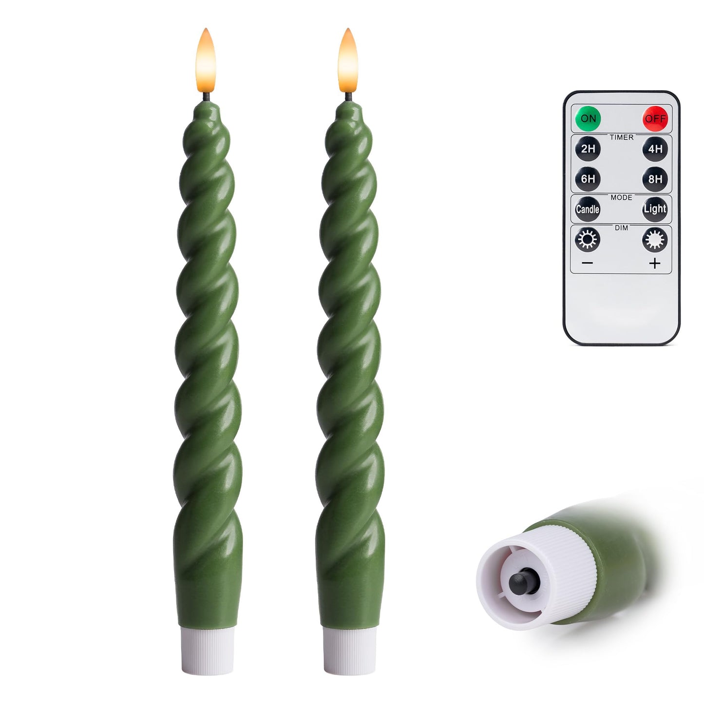 West Ivory Full Twisted Spiral Flameless LED Taper Candles – Loden Green, Set of 2 – 2/4/6/8-Hr Timer (24-Hr Memory), Remote, Dimmable, Bottom On/Off Button, Flicker/Steady, Battery Operated