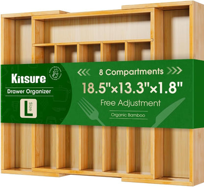 Kitsure Silverware Organizer - Expandable Bamboo Drawer Storage for Utensils & Cutlery | Large Natural Design