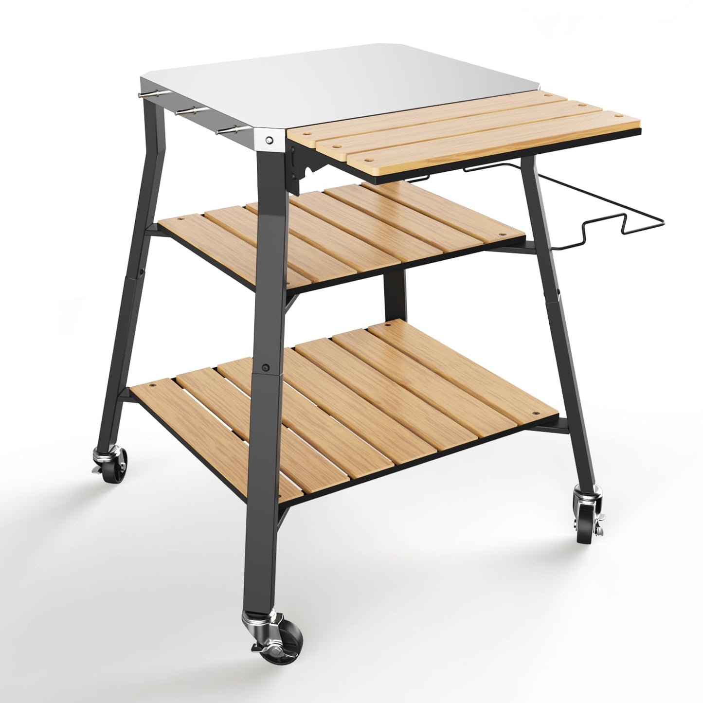Pizza Oven Stand & Shelf for Solo Stove Pi Pizza Oven, Outrdoor XSKUNStand for Ninja Woodfire, Kitchen Table for Cooking with Stainless Steel Top, WPC Storage Shelves, Lockable 360° Swivel Wheels