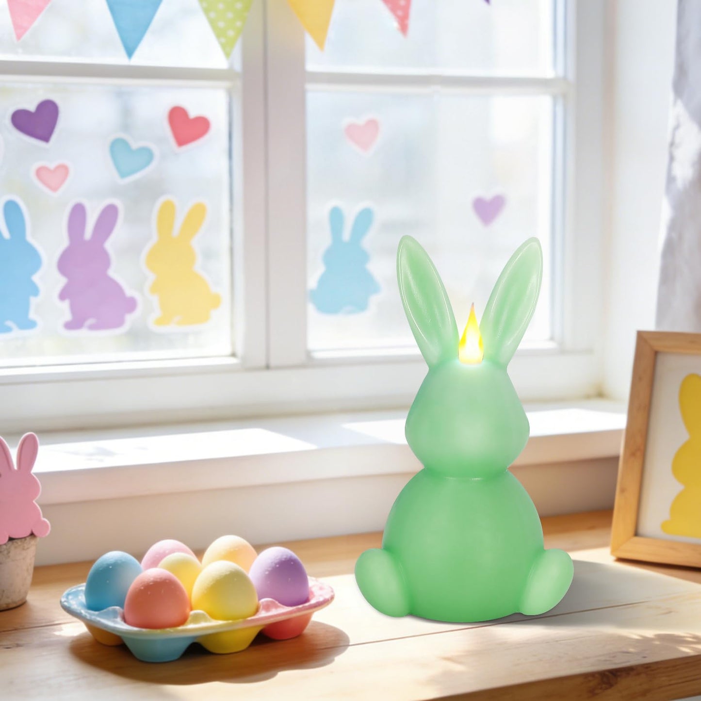 Leorate Green Easter Bunny Flameless Candle,Real Wax Carved LED Candle,Scented Bunny Shape Flame Candle Set for Home Living Room Bedroom Party Decoration Centerpiece Table Home Decor