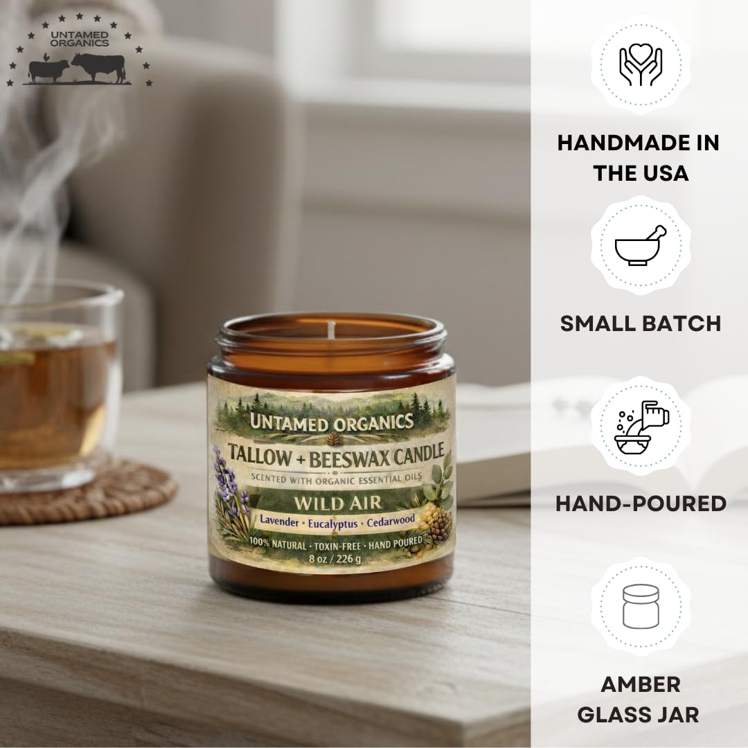 Untamed Organics Grass-Fed Tallow Candle, Essential Oil Scented (Lavender Eucalyptus Cedarwood), No Synthetic Fragrance, Non-Toxic, 100% Cotton Wick, Hand Poured, 8 oz Amber Glass Jar, 50+ Hr Burn