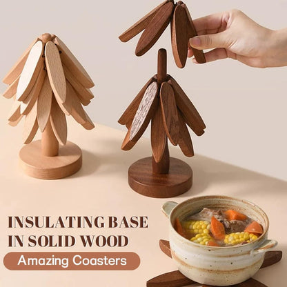 Wood Natural Tree Trivet Set, Christmas Tree Shape Trivets for Hot Dishes, 3-Piece Wooden Set with Stand for Pots, Bowls, Teapots (Dark Brown)