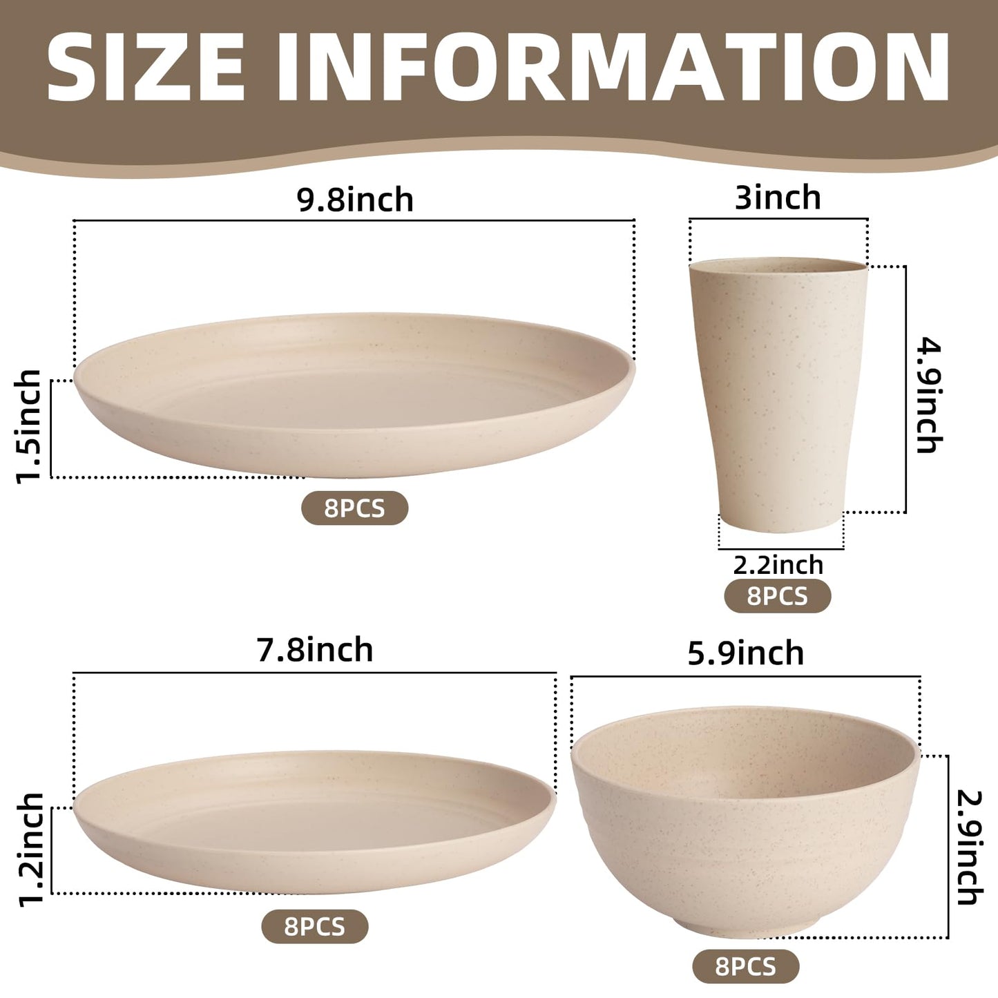 Gudvilla Wheat Straw Dinnerware Sets, 32Pcs Plastic Plates and Bowls Sets for 8, Unbreakable Reusable Wheat Straw Bowls Plates Cups Dishes Set, Dishwasher Microwave Safe, for RV Kitchen Camping