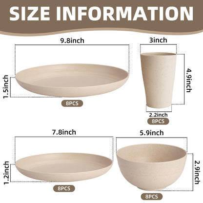 Gudvilla Wheat Straw Dinnerware Sets, 32Pcs Plastic Plates and Bowls Sets for 8, Unbreakable Reusable Wheat Straw Bowls Plates Cups Dishes Set, Dishwasher Microwave Safe, for RV Kitchen Camping