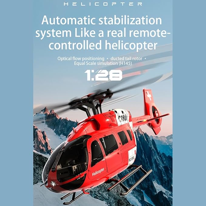 C190 Remote Control Helicopter for Adults 1:30 Scale H145 RC Helicopter 2.4G 6CH Single Propeller Aileron Free Optical Flow Positioning Six-axis Gyroscope Stabilization (Red White(1 Battery))