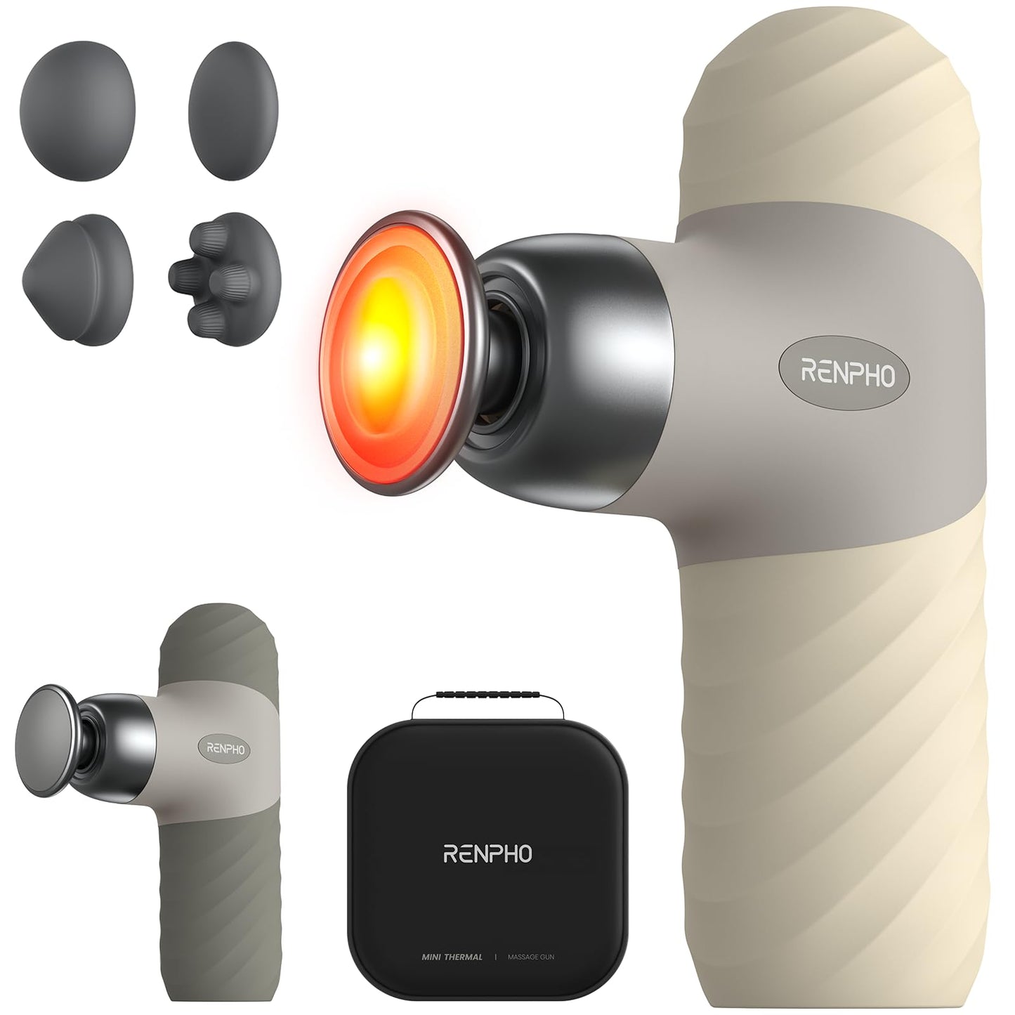 RENPHO Mini Thermal Massage Gun with Heat, Portable Deep Tissue Percussion Massager, Color Silicone Sleeves Travel Size with Carry Case, Grey