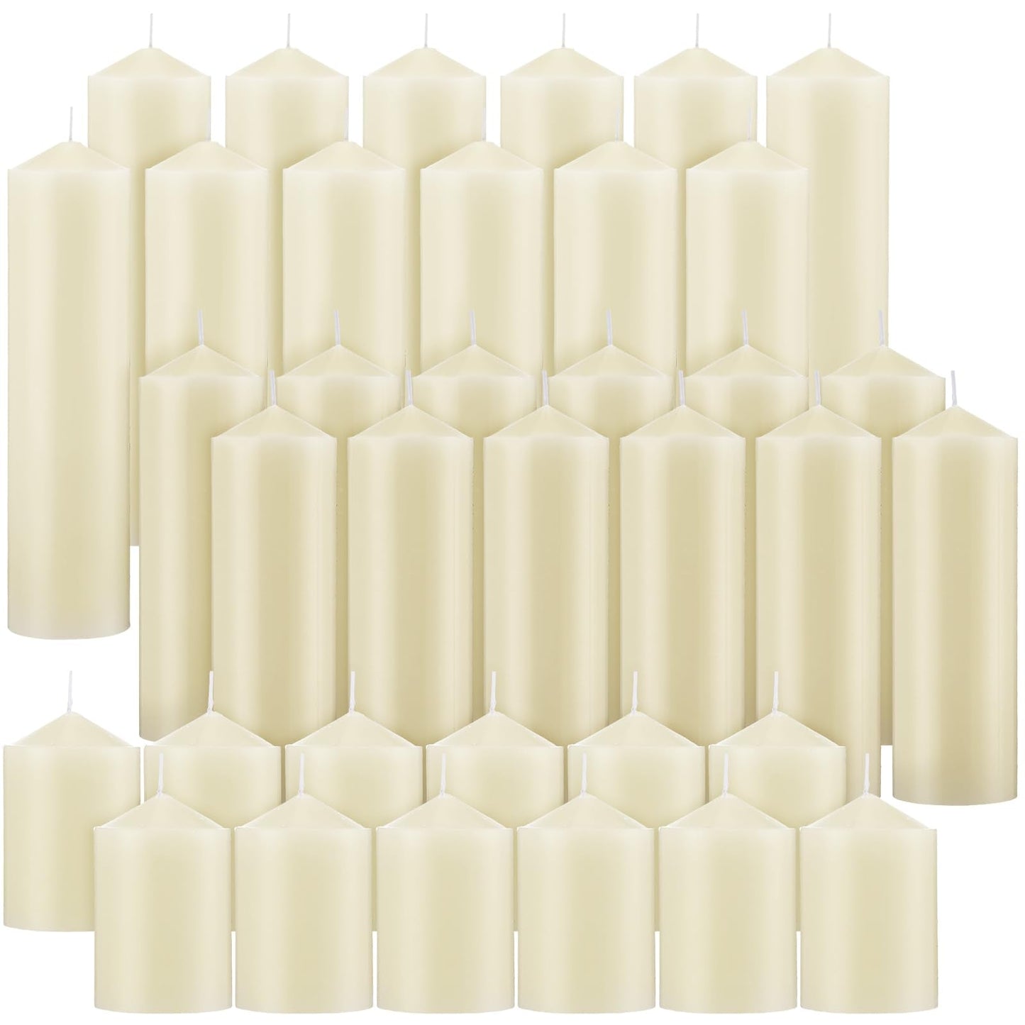 MTLEE 36 Pcs Pillar Candles Bulk Set of 3 Long Burning Wax Pillar Candles 2 in x 3, 6, 8 Inch Dripless Unscented Smokeless for Wedding Party Spa Lantern Fireplace Home(Ivory White)