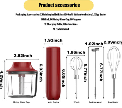 4-in-1 Electric Hand Mixer, Electric Whisk, Mini Onion Chopper 10Oz, Small Cordless Hand Blender, Milk Frother Wand for Coffee, Matcha, 4 Speed Rechargeable Food Processor for Baby Food Maker