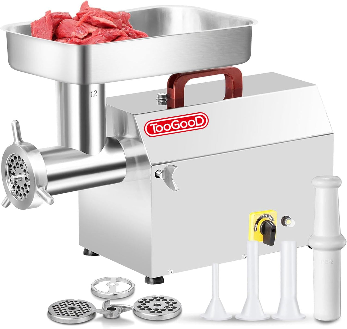 TOOGOOD #22 Commercial Meat Grinder, Heavy Duty Electric Meat Grinder Stainless Steel, 1 HP 1100W Sausage Stuffer with 4.5mm/10mm Grinding Plates, Sausage Tubes & Meat Stomper