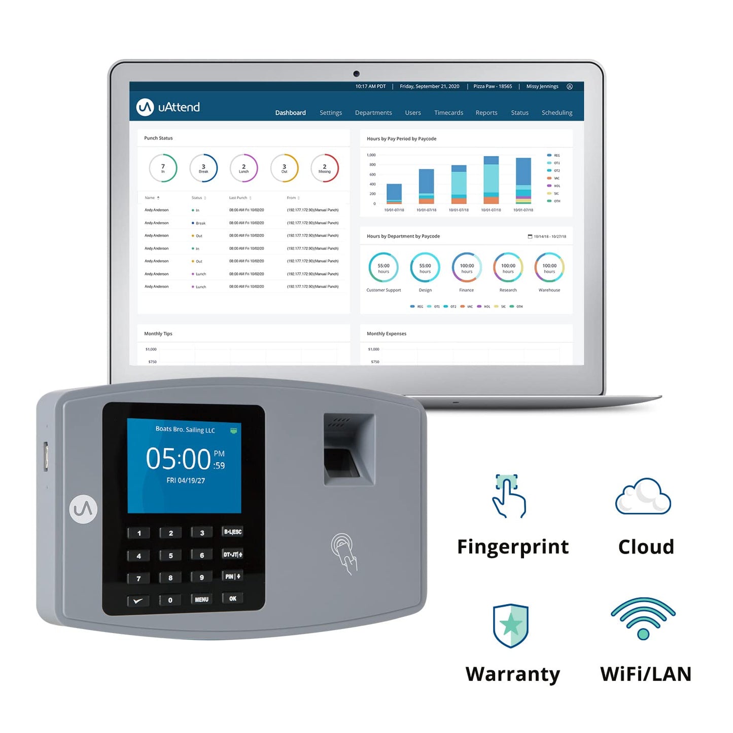 uAttend JL2500 Biometric Fingerprint Time Clock System for Small Business with WiFi and Cloud-Based Employee Timecards