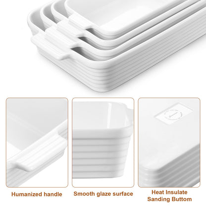 Jassceram Casserole Dishes for Oven, Porcelain Baking Dishes Set of 4, Rectangular Ceramic Casserole Dish with Handles, Deep Lasagna Pan for Kitchen Baking, 9.6" to 15.2", Nesting Design, White