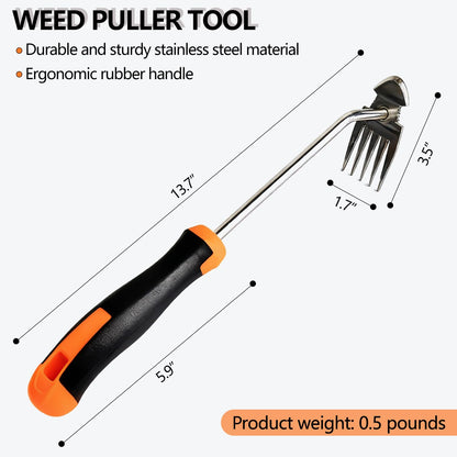 GANCHUN Weed Puller Tool,Newly Upgraded Garden Weeder Stainless Steel Hand Weeder Tool,Multi-Purpose 5 Teeth Weed Remover Tool Weeding Tools for Gardening (Rubber Handle)