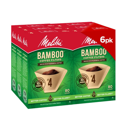 Melitta #4 Cone Coffee Filters, Bamboo, 80 Count (Pack Of 6), 480 Total Filters - Fits all 8-12 Cup Cone Coffee Makers and Pour-Overs, Compostable, Tear-Resistant, Made in USA