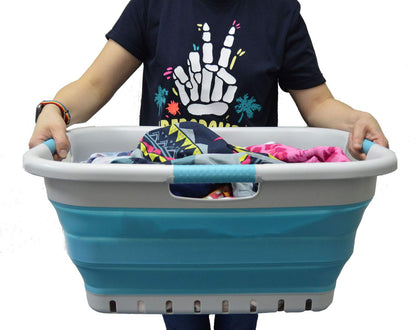 SAMMART 41L (10.8 gallon) Collapsible Plastic Laundry Basket - Foldable Pop Up Storage Container/Organizer - Portable Washing Tub - Space Saving Hamper/Basket (3 handled rectangular, Grey/Bright Blue)