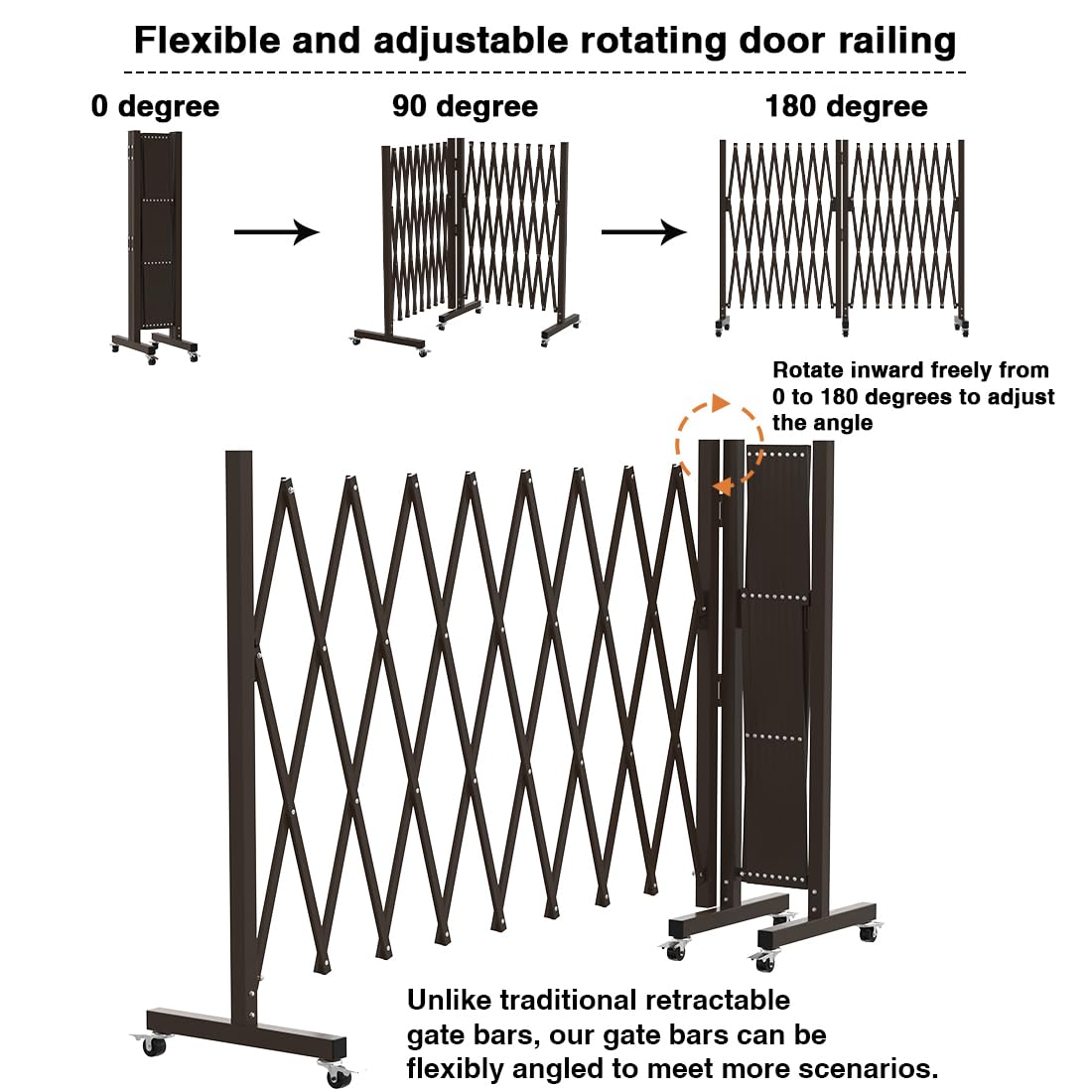 Expandable Driveway Gate, Portable Barricade Gate with Casters, Metal Folding Security Gate, 209" Wide Aluminum Expandable Garden Fence, Outdoor Dog Fence for Yard (Brown, 213)