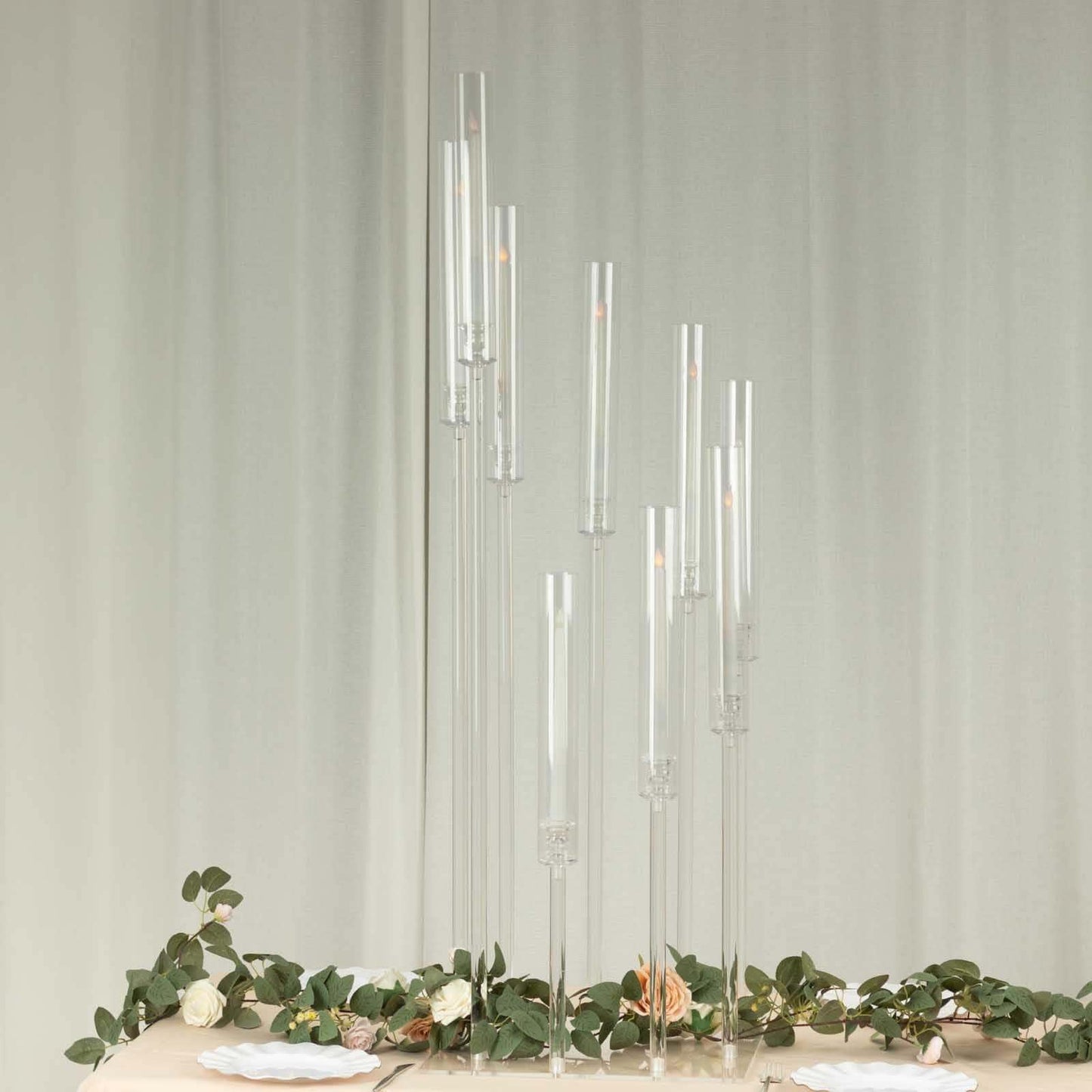 Efavormart 9 Arm Clear Acrylic Cluster Taper Candle Holder Candelabra, Pillar Candle Stick Stand with Square Base - 4ft Tall