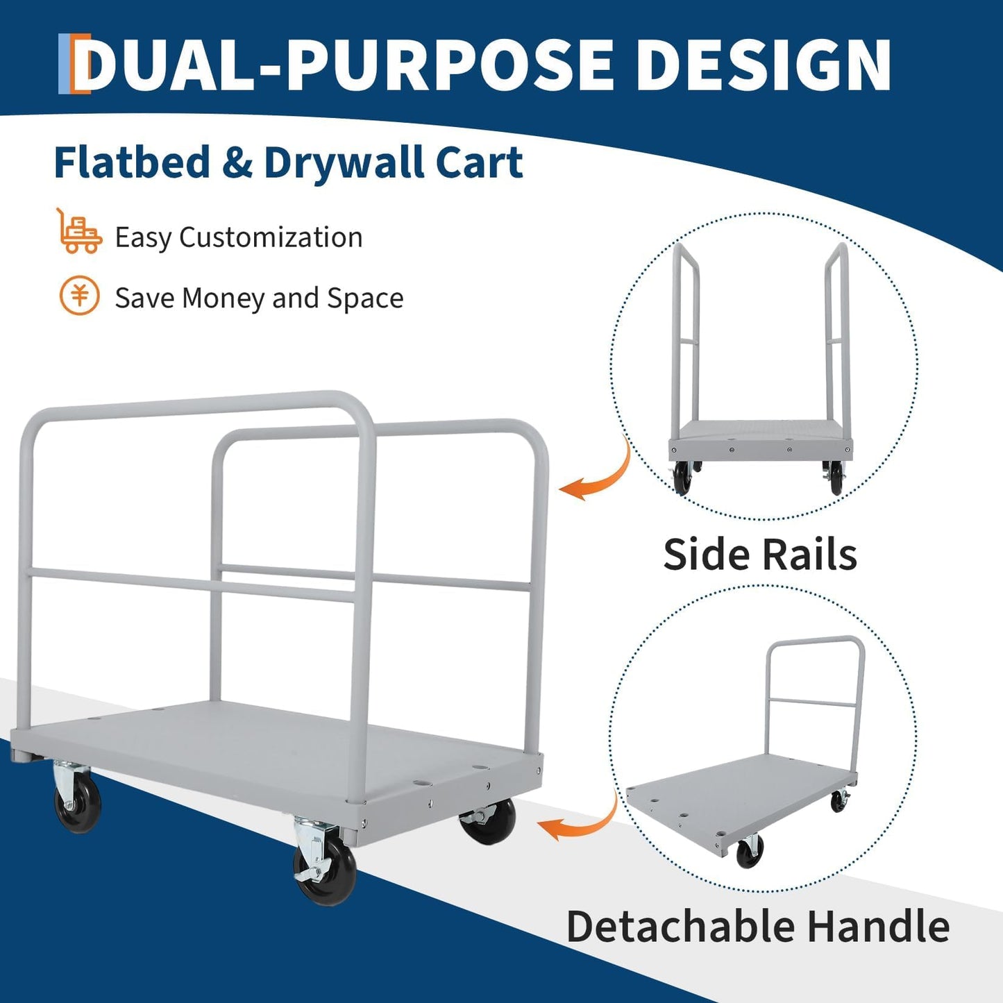 Steel Panel Truck Cart 36x24 inch, 2 in 1 Industrial Grade Platform Truck with 2200 LBS Capacity, Heavy Duty Drywall Dolly with 2 Removable Side Handrails & Swivel Wheels