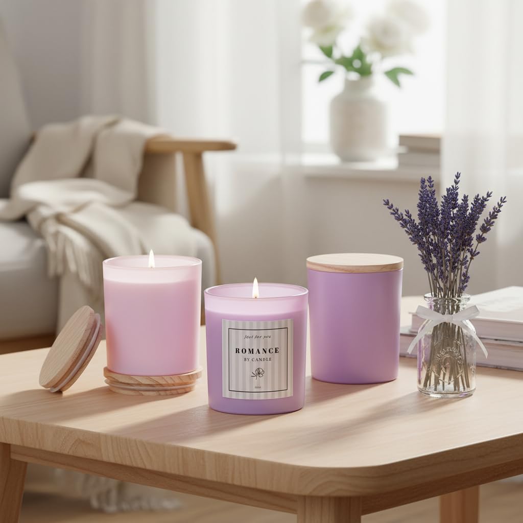 12Pcs Assorted Purple Candle Jars for Making Candles, 10oz Empty Candle Jars with Bamboo Lids and Labels, Glass Jars for Candle Making Supplies, Candle Containers for DIY Gifts