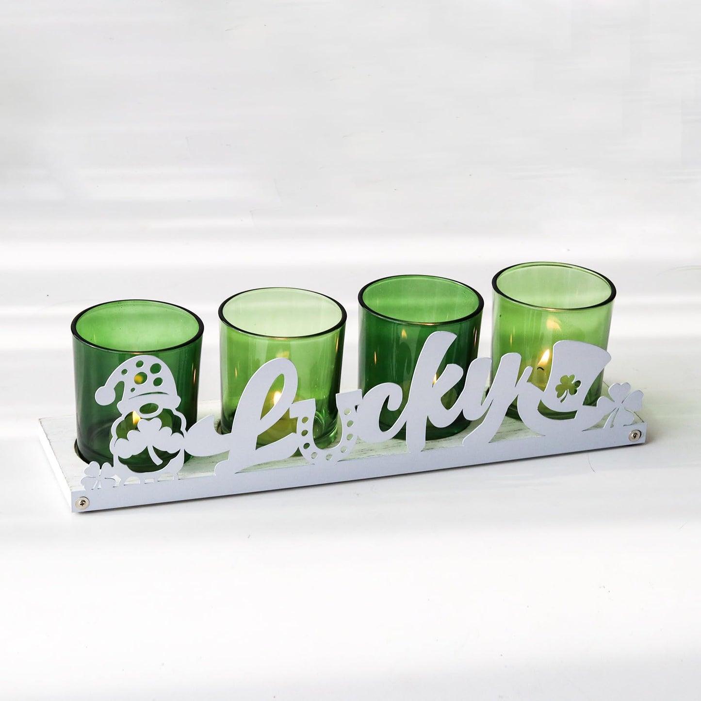 SYFURNIX St Patricks Votive Candle Holder Set, Includes 4 Glass Tealight Holders & 1 Wooden Candle Tray, Green & White St. Patrick's Day Decorations for Table, Office & Indoor Decor