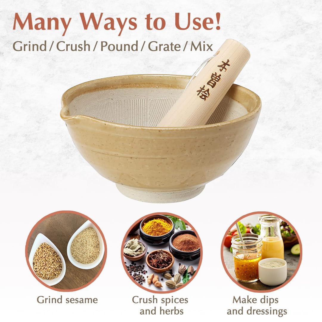 TIKUSAN Ceramic Ripple Ridge Mortar & Pestle (Suribachi & Surikogi) Set with Spout Made in Japan Mino Ware (Medium Brown)