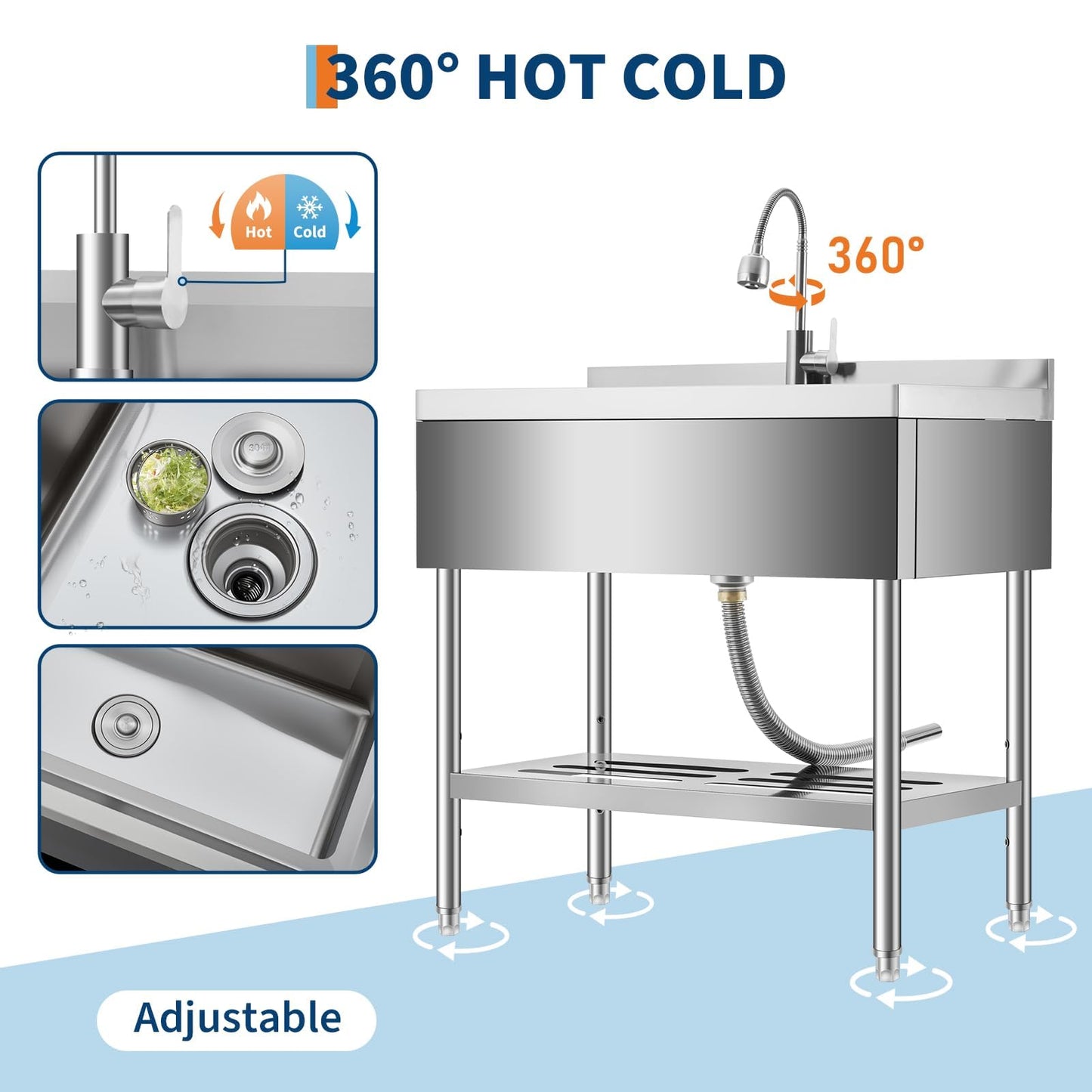 GarveeTech 35 in Freestanding Stainless Steel Utility Sink with Pull-Out Faucet, Adjustable Height Laundry Tub with Hot & Cold Water, Basket, Shelf & Drain Kit for Kitchen, Garage, Outdoor, Basement