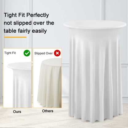 4 Packs White Round High Top Table Cloth 24inch×43inch Stretchy Wrinkle Free Highboy Cocktail Spandex Table Covers for Cocktail Party Wedding Banquet Baby Shower Baptism Decor