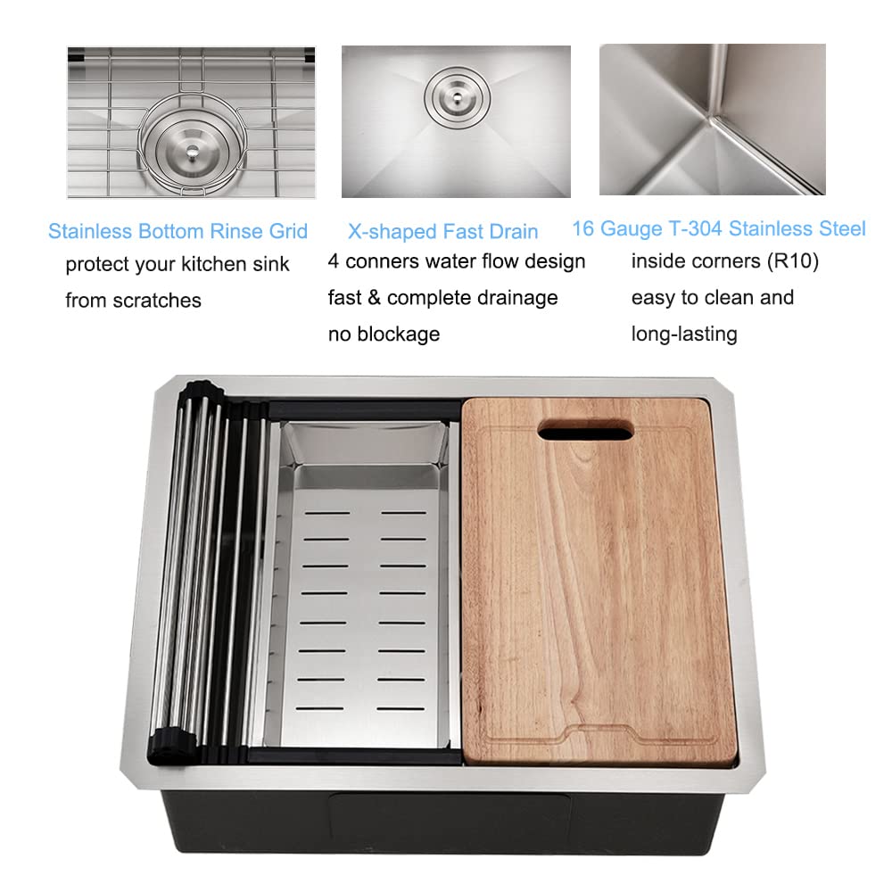 24 Inch Undermount Kitchen Sink, BoomHoze 24 x 19 Inch Sink Kitchen 16 Gauge Stainless Steel Workstation Undermount Single Bowl Outdoor