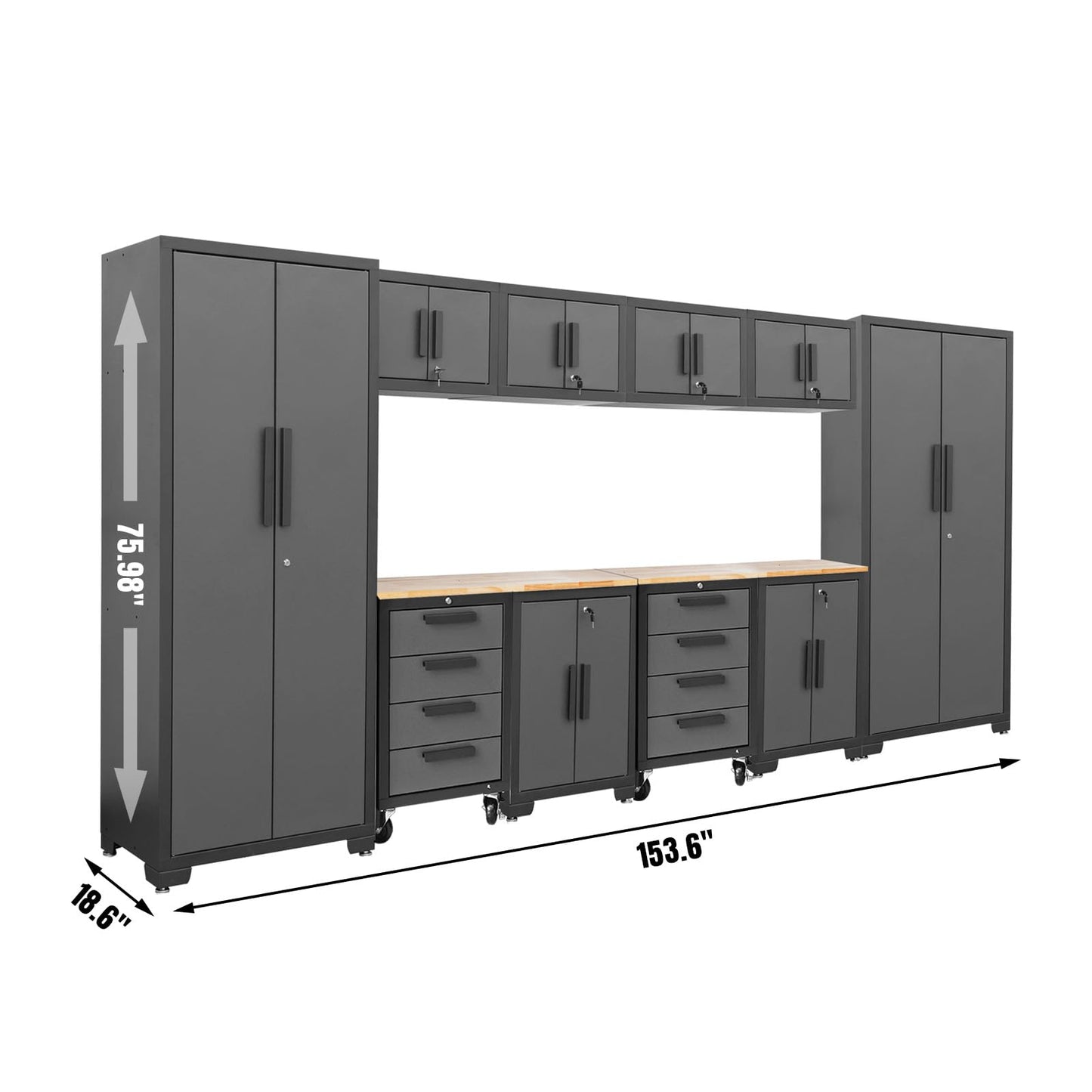 Torin 12 Piece Garage Storage Cabinet Set: Workshop Tool Organizer Chest with Lockers, Shelves and Wood Workbench, Black/Grey
