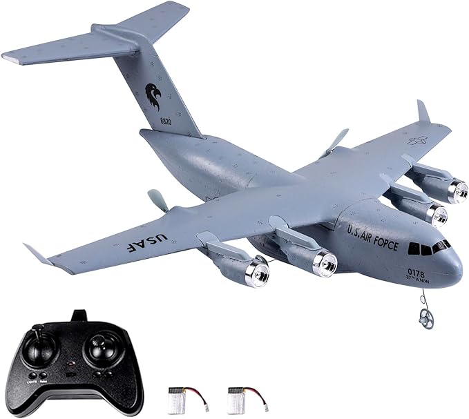 RC Plane Remote Control Airplane 2 Channels RC Airplane C-17 Military Transport Aircraft 2.4GHz EPP Foam Fixed-Wing RC Glider with Gyro and 2 Batteries Easy to Fly for Beginners