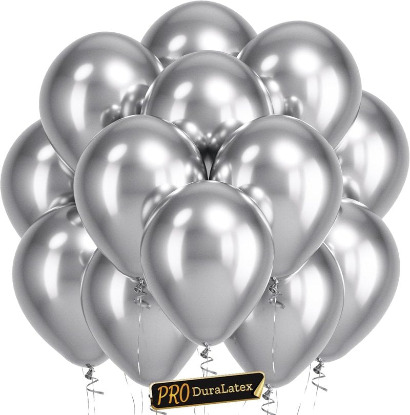 Bezente Pro Duralatex Metallic Silver Balloons - 100 Pack 12 inch Extra-Thick Silver Balloons for Long-Lasting Professional Party Decorations, Large Birthday Wedding Anniversary