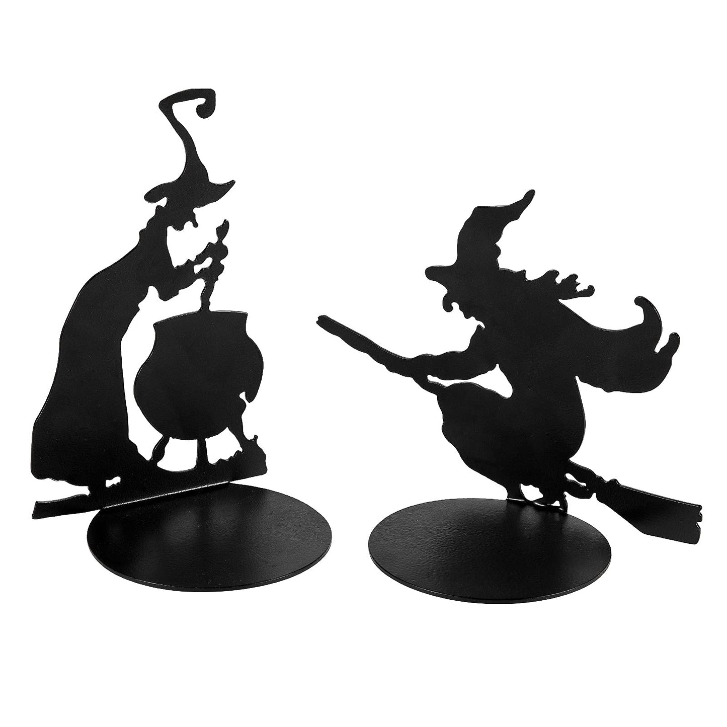 2 Set Halloween Candle Holder Spooky Witch with Cauldron Broom Black Candlestick Pedestal All Hallows Eve Table Centerpiece Table Decor
