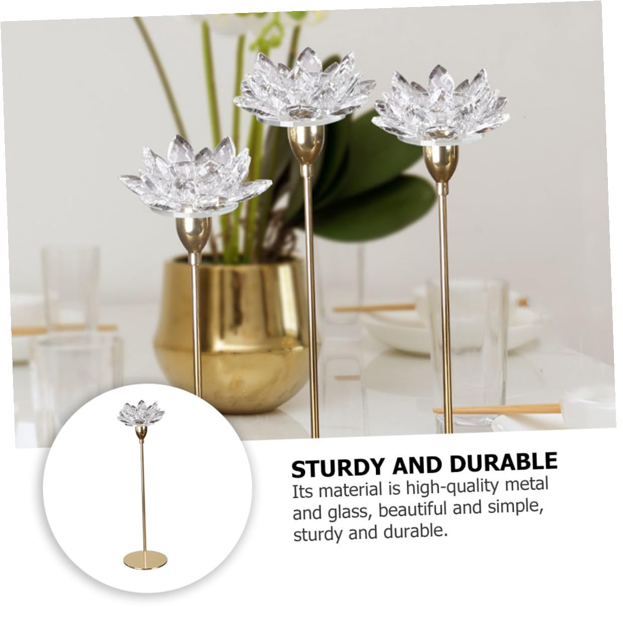 HOODANCOS Metal Crystal Lotus Candle Holder Small Gold, Dining Room Wedding Decorative Candlestick Stand, Romantic Flower-Shaped Candle Stick Holder for Home Decor