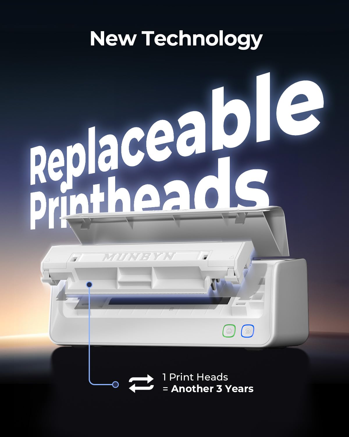 MUNBYN Replaceable Print-Head Bluetooth Thermal Label Printer with Paper Holder, RW405B, Wireless 4x6 Shipping Label Printer for Small Businesses Compatible with Mac, Windows, iPhone, Android, Chrome