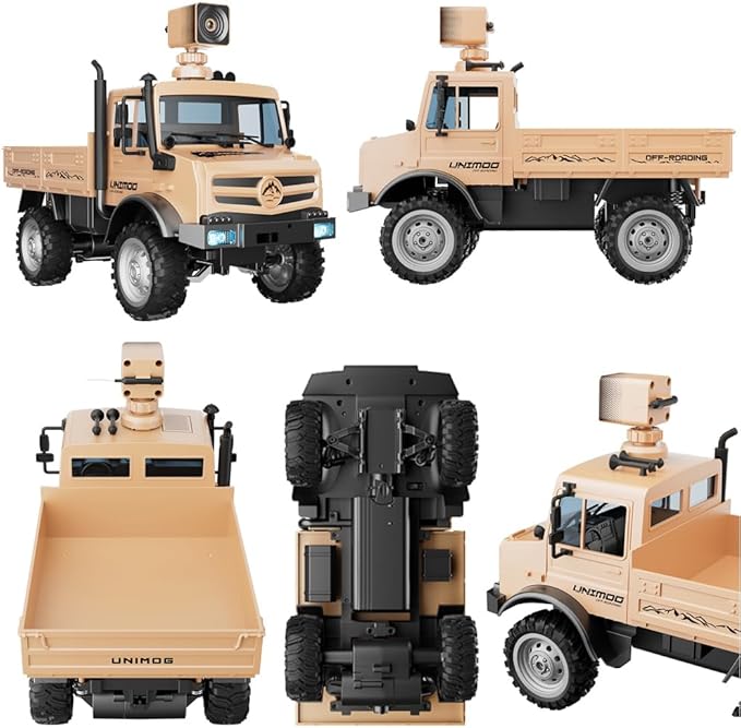 RC Military Truck 1:16 Scale Remote Control Car with Camera All Terrain RC Rock Crawler Off-Road RC Truck 2.4GHz Army Transport Vehicle with 2 Rechargeable Batteries for Adults Beige