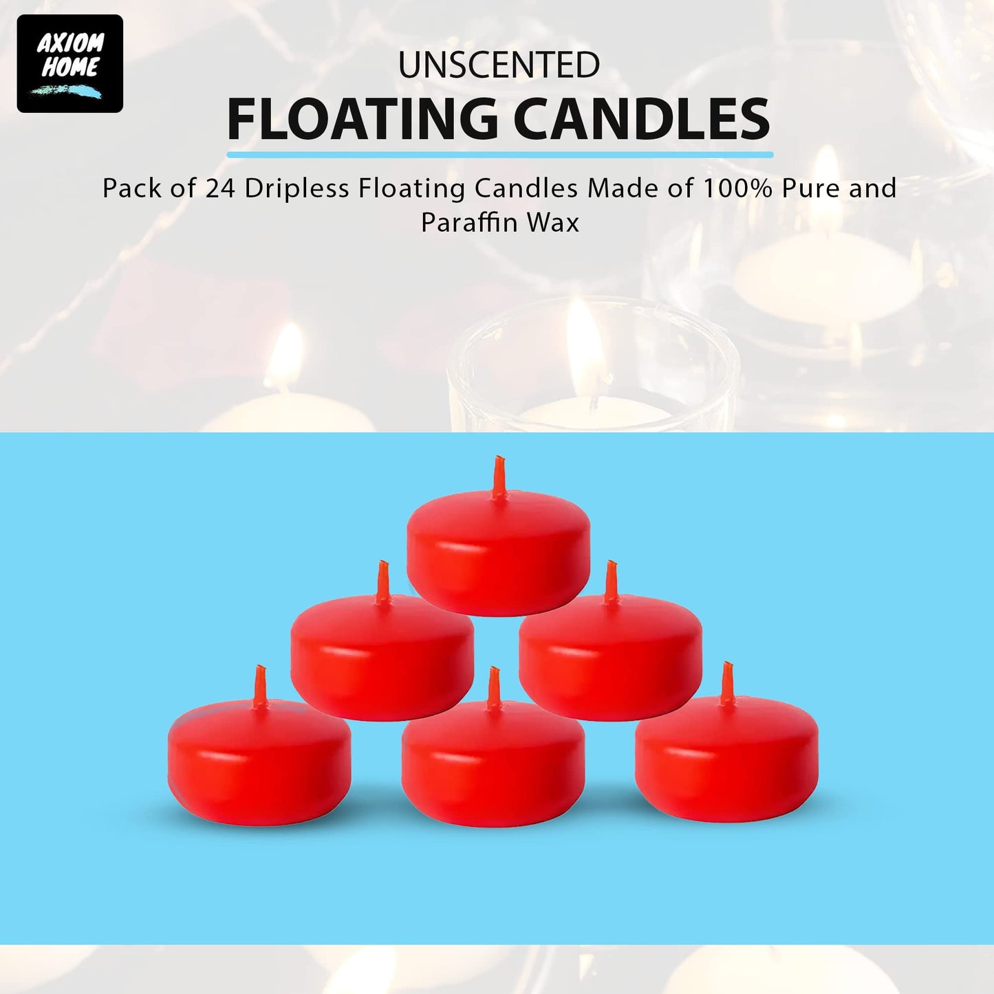 Axiom Red Floating Candles for Centerpieces - Floating Candle 2 inch Hand-Rolled Paraffin, Cotton Wicks, 4-Hour Clean Burn (Red (Unscented), 24 Count)