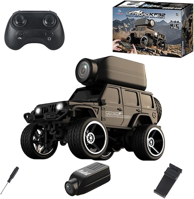 4WD Mini RC Car 1:64 with Camera Full-Scale 2.4G Remote Control FPV Crawler Car Desktop Off-Road Vehicle Indoor Racing Model - Black /KF32