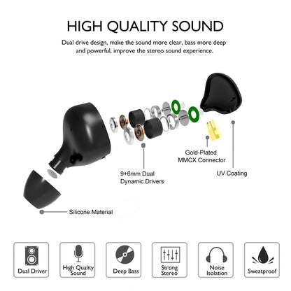 DCMEKA in Ear Monitor Headphones, HiFi Stereo IEM Earphones, Dynamic Dual Driver Wired Earbuds with Detachable Cable, Noise Canceling Headset for Singers Musicians Drummers Audiophile (Black)
